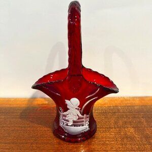 Westmoreland Glass Artist Signed & Hand Painted Girl on Fence Ruby Red Basket